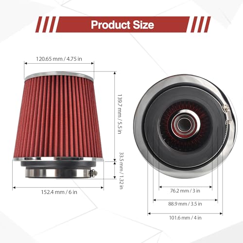 GESEXI Universal Clamp On Air Intake Filter fits 3 In /3.5 In /4 In Three Different Size, Cone Air Intake Filter-Red - Image 2