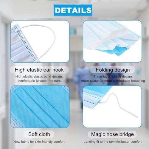 NNPCBT Blue Disposable Face Masks 100 Pack,3-Ply Breathable Mask For Adults,Great For Outdoors,Home, Office, School - Image 3