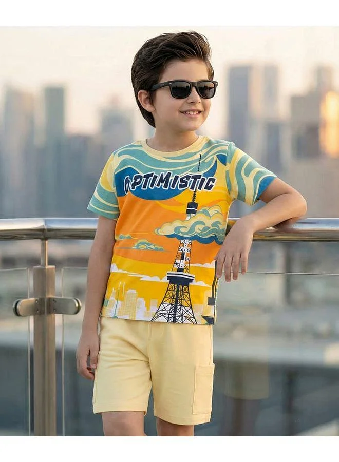Ollington St. Ollington St. Cotton Knit Tower Printed Half Sleeves T-Shirt & Shorts Set - Multicolor