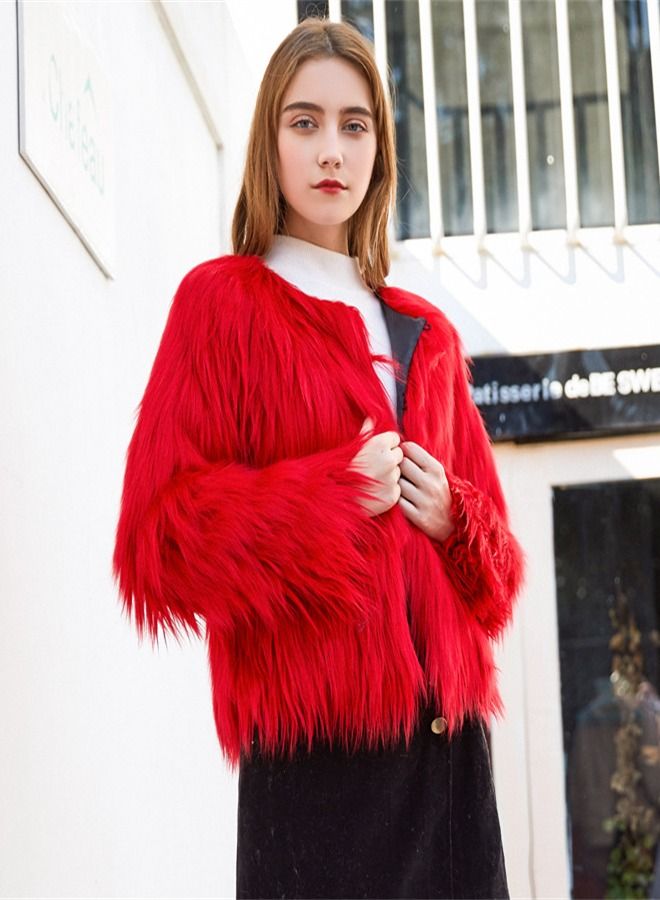 Loquat Women's Solid Color Wash Imitation Fur Short Coat Red  - Image 1