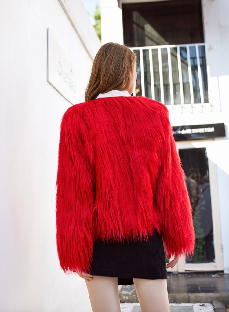 Loquat Women's Solid Color Wash Imitation Fur Short Coat Red  - Image 3