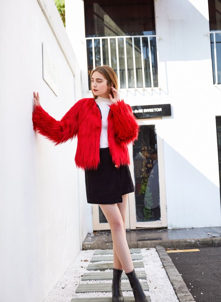 Loquat Women's Solid Color Wash Imitation Fur Short Coat Red  - Image 2