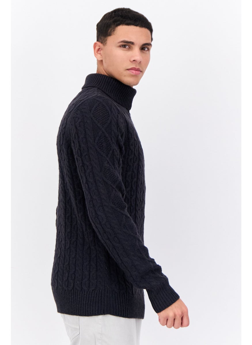 French Connection Men Turtle Neck Long Sleeves Cable Knit Sweater, Navy  - Image 2