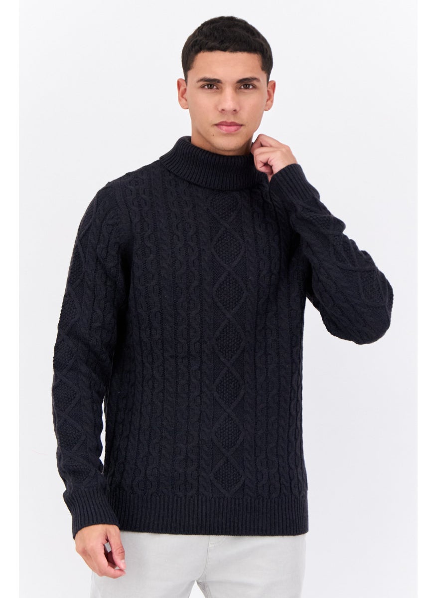 French Connection Men Turtle Neck Long Sleeves Cable Knit Sweater, Navy  - Image 1