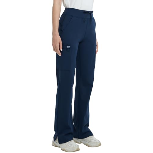 QBK High Rise Yoga Scrub Pants Women Straight Wide Leg Uniform Pants with Cargo Pocket AntiWrinkle Knit Yoga Waistband Regular Navy 2XL - Image 1