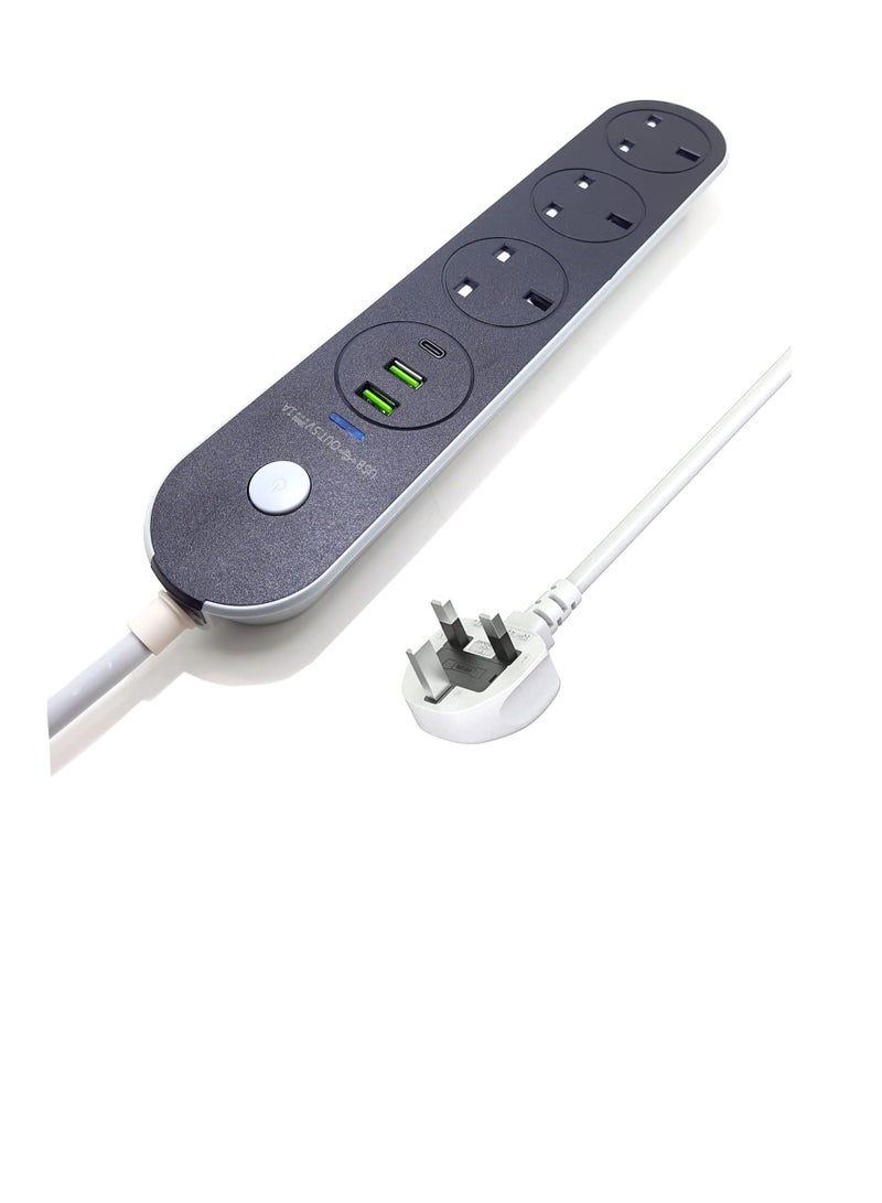 سلك تمديد الطاقة شريط طاقة بطول 5 متر يحتوي على 2USB 1PD نوع C ومقبس طاقة 3UK، وصلة تمديد شديدة التحمل 13 امبير للحماية من اندفاع التيار مع مصراع امان للمنزل والمكتب (5M-3PW-2USB-1PD)  - Image 1