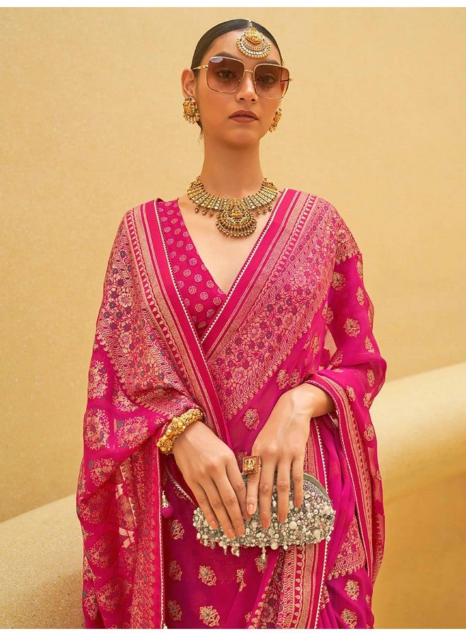 saree mall SAREE MALL Women's Woven Design Organza Saree With Unstitched Regular Fit Blouse Piece,Pink - Image 4