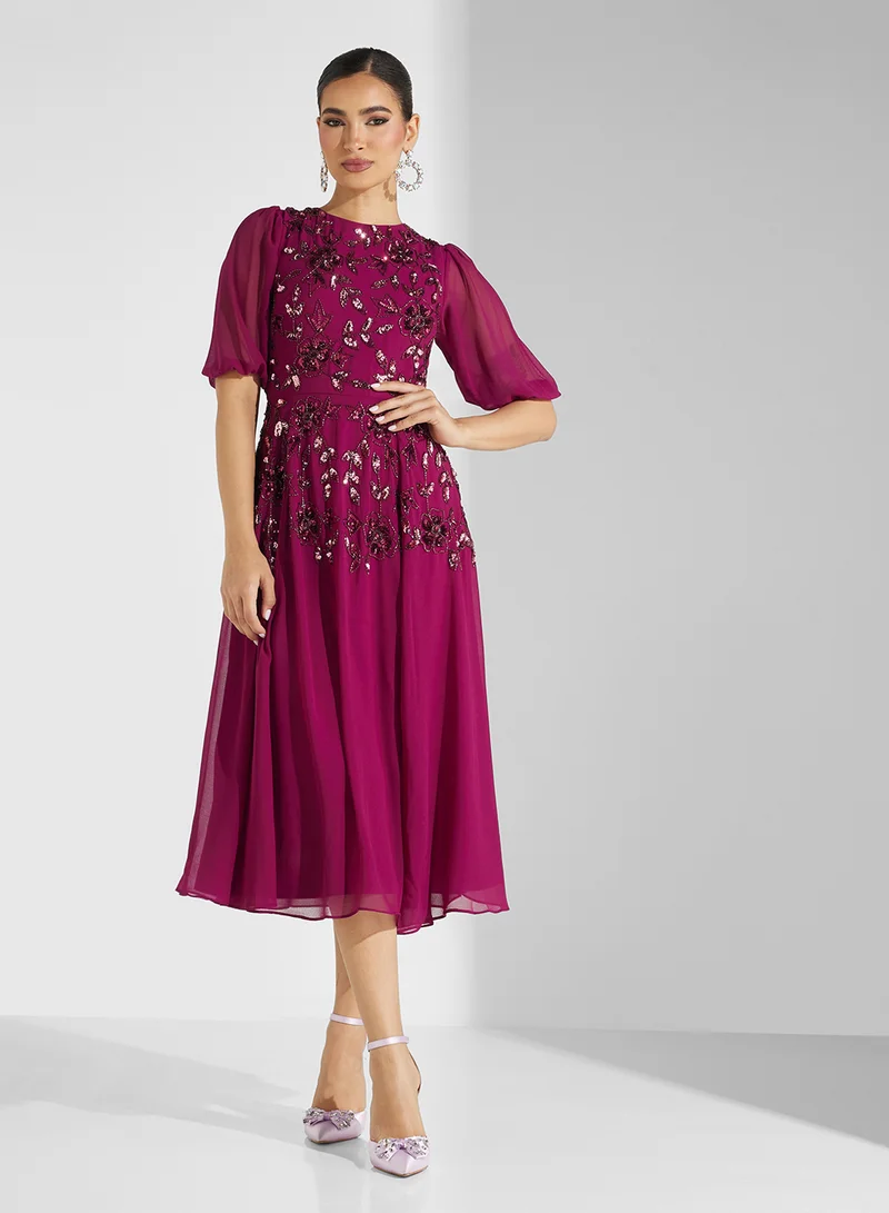 Frock and Frill Embellished Short Sleeve Midi Dress