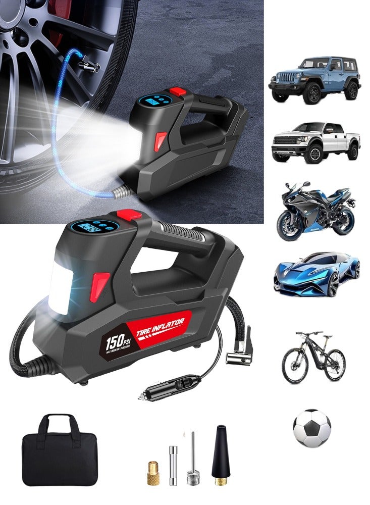 أفضل ذروة منفاخ إطارات، ضاغط هواء، منفاخ إطارات، مضخة إطارات كهربائية محمولة للسيارة مع مقياس ضغط الإطارات، مضخة هواء للسيارة ذاتية التوقف، مع محول صمام بثلاث فوهات وإضاءة LED، ملحقات السيارة، مضخة هواء محمولة بجهد 12 فولت تيار مستمر لإطارات السيارات والدراجات النارية والدراجات الهوائية وغيرها من العناصر القابلة للنفخ - Image 1