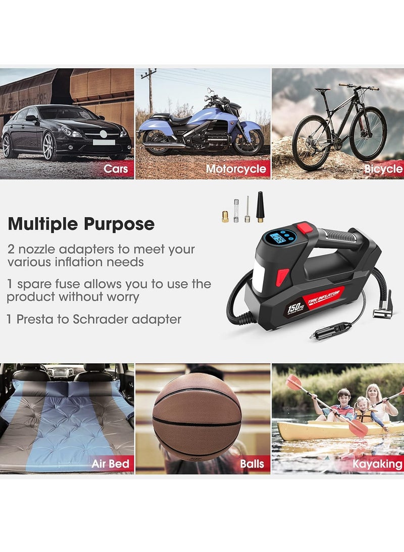 أفضل ذروة منفاخ إطارات، ضاغط هواء، منفاخ إطارات، مضخة إطارات كهربائية محمولة للسيارة مع مقياس ضغط الإطارات، مضخة هواء للسيارة ذاتية التوقف، مع محول صمام بثلاث فوهات وإضاءة LED، ملحقات السيارة، مضخة هواء محمولة بجهد 12 فولت تيار مستمر لإطارات السيارات والدراجات النارية والدراجات الهوائية وغيرها من العناصر القابلة للنفخ - Image 3