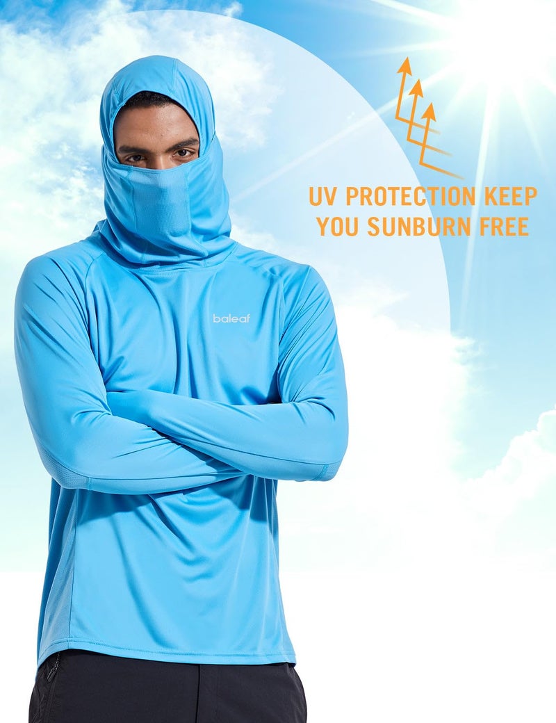 baleaf Men's UV SPF Hoodie Shirt UPF 50+ Sun Protection Long Sleeve T-Shirts with Mask Rash Guard Fishing Lightweight Blue Size L - Image 4