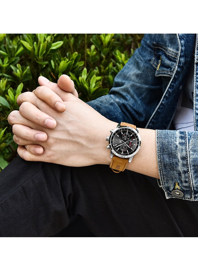 Watches for Men Luxury Quartz Water Resistant Watch Men's Chronograph Genuine Leather Strap Gift for Men Casual Business 5102 Brown
