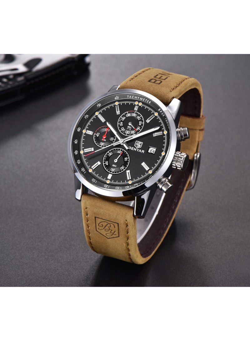 BENYAR Watches for Men Luxury Quartz Water Resistant Watch Men's Chronograph Genuine Leather Strap Gift for Men Casual Business 5102 Brown  - Image 4