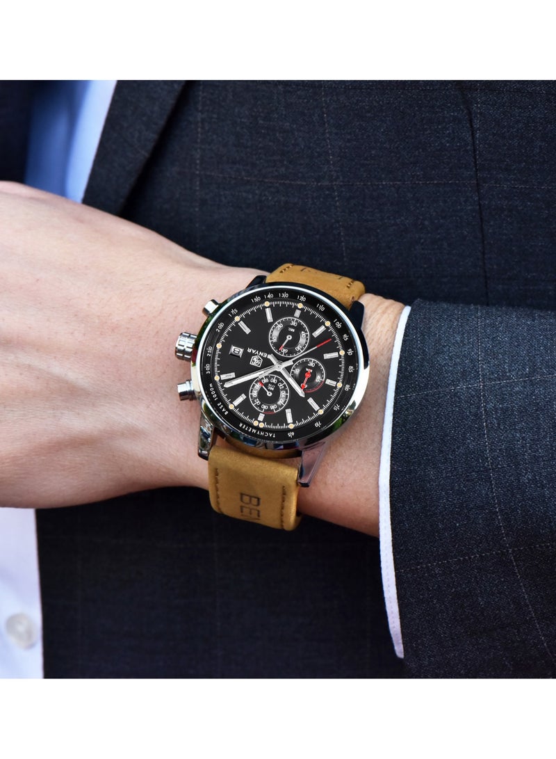 BENYAR Watches for Men Luxury Quartz Water Resistant Watch Men's Chronograph Genuine Leather Strap Gift for Men Casual Business 5102 Brown  - Image 3