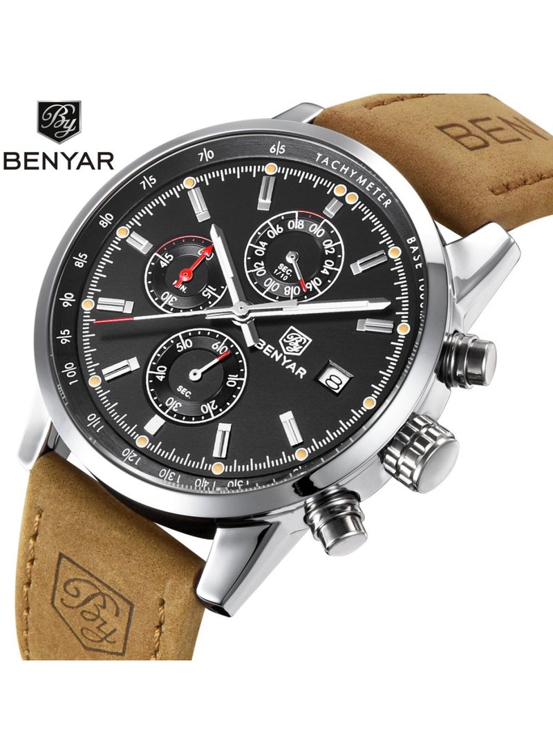 BENYAR Watches for Men Luxury Quartz Water Resistant Watch Men's Chronograph Genuine Leather Strap Gift for Men Casual Business 5102 Brown  - Image 1