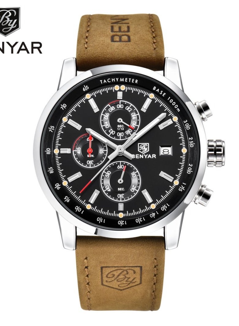 BENYAR Watches for Men Luxury Quartz Water Resistant Watch Men's Chronograph Genuine Leather Strap Gift for Men Casual Business 5102 Brown  - Image 2