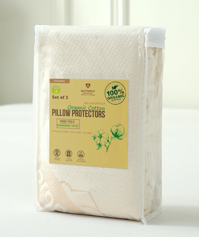 MATTSHIELD ORIGINAL 2Pack Deluxe Organic Cotton Pillow Protectors  Standard  Certified Organic Waterproof Zippered Encasement Soft Knit Fabric Thick 280 GSM Cotton 