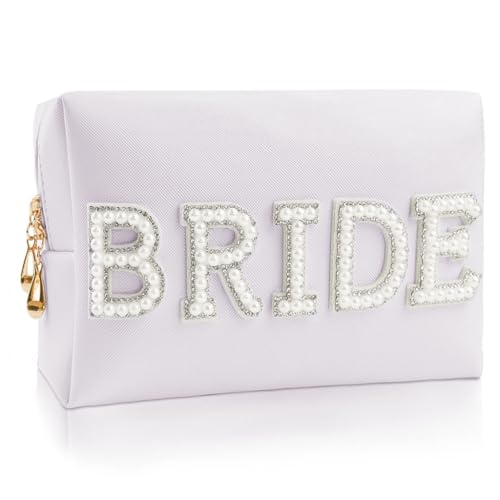 MAYCREATE® Bride Makeup Pouch Toiletry Bag Fashion Pearl Rhinestone BRIDE Zipper Pouch PU Organizer Bag Utility Bridesmaid Gift Bag Wedding Token Gift Bag, 20.5x8x12.5cm - Image 1