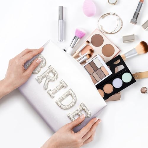 MAYCREATE® Bride Makeup Pouch Toiletry Bag Fashion Pearl Rhinestone BRIDE Zipper Pouch PU Organizer Bag Utility Bridesmaid Gift Bag Wedding Token Gift Bag, 20.5x8x12.5cm - Image 4
