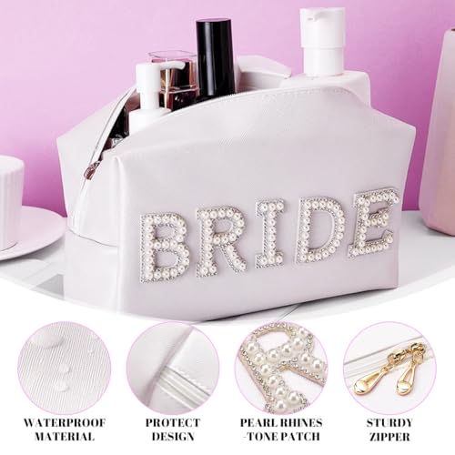 MAYCREATE® Bride Makeup Pouch Toiletry Bag Fashion Pearl Rhinestone BRIDE Zipper Pouch PU Organizer Bag Utility Bridesmaid Gift Bag Wedding Token Gift Bag, 20.5x8x12.5cm - Image 3