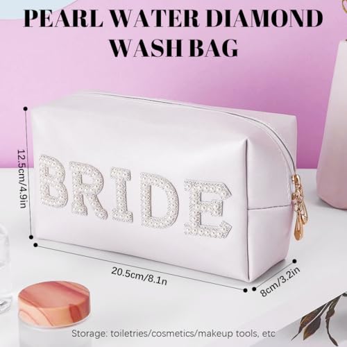 MAYCREATE® Bride Makeup Pouch Toiletry Bag Fashion Pearl Rhinestone BRIDE Zipper Pouch PU Organizer Bag Utility Bridesmaid Gift Bag Wedding Token Gift Bag, 20.5x8x12.5cm - Image 2