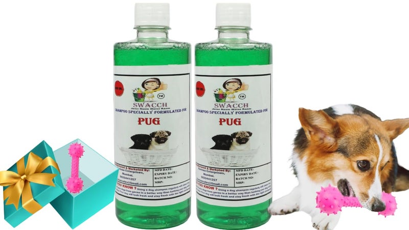 swacch Pug Dog Shampoo + Dumbbell Toy I Durable Rubber Dog Toy for Chewing I Playing,Teeth Cleaning & Training Toy I Combo Pack I 500ml Pack of 2 Neem Alovera - Image 1