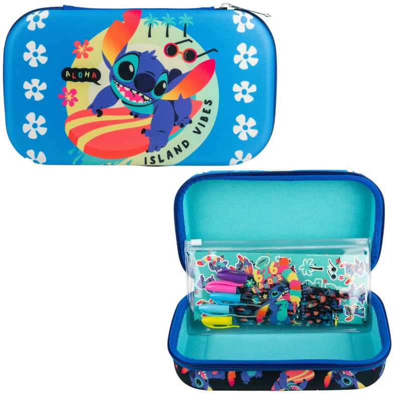 Innovative Designs Disney Stitch Pencil Case Set with Stickers and Gel Pens for Kids Molded with Zip Closure Blue