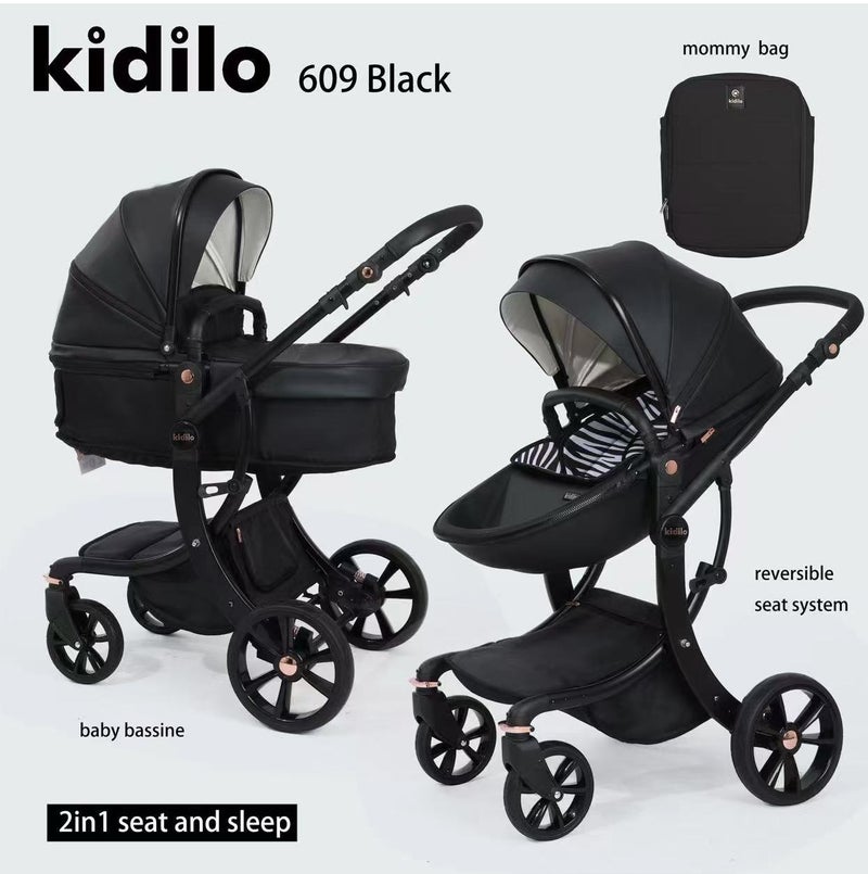 Kidilo 609 2-in-1 Baby Stroller Pram | Convertible Bassinet for Newborn | Reversible Reclining Seat for Toddler | Adjustable Canopy | Shock-Absorbing Wheels | Compact Fold | Storage Basket | Mommy Bag