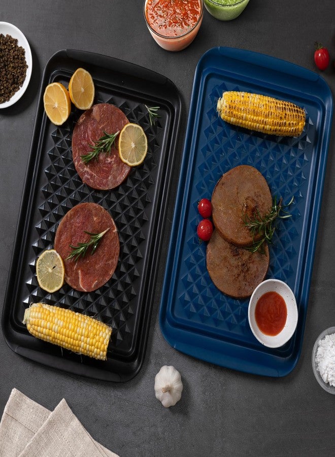 ZAROCRUS Melamine Grilling Prep and Serve Trays, Set of 2 Melamine Rectangular Serving Trays/Platters with Handle for Outdoor Parties and BBQ, Dishwasher Safe Food Tray,17''x10.5''. Blue and Black - Image 2