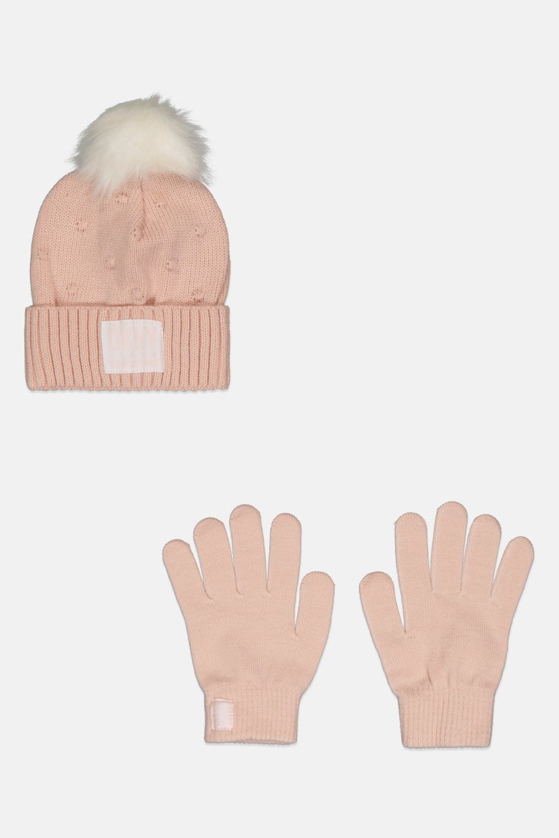 DKNY Jeans Kids Girl 2 Pcs Corchet Beanie And 1 Pair Gloves Set, Pink - Image 1