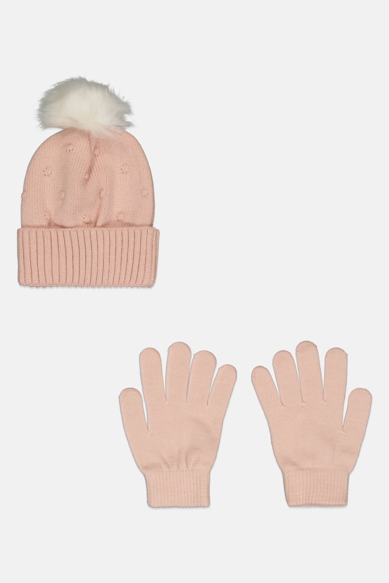 DKNY Jeans Kids Girl 2 Pcs Corchet Beanie And 1 Pair Gloves Set, Pink - Image 2