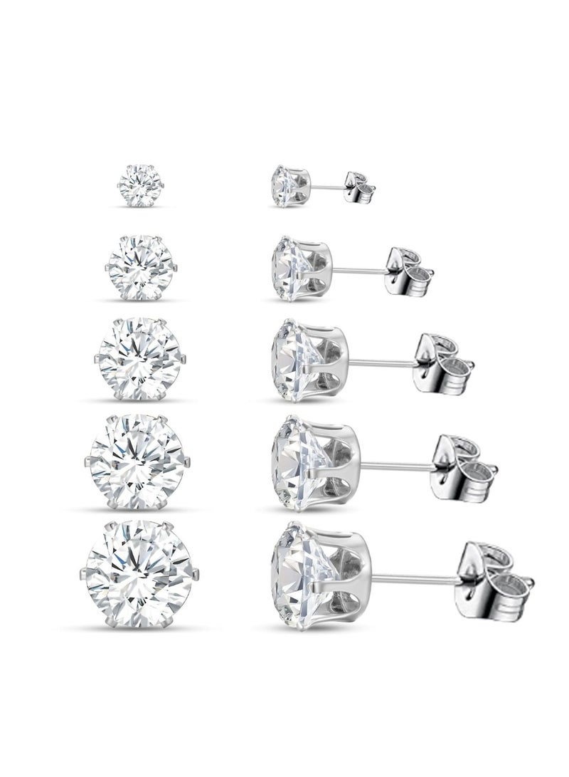 Huitich Silver Color Plated Cubic Zirconia Stud Earrings Set 5 Pairs  - Image 1