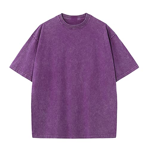 KEEPSHOWING Men's Cotton T-Shirts Oversized Unisex Short Sleeves Casual Loose Wash Solid Basic Tee Tops(A-Purple M) - Image 1