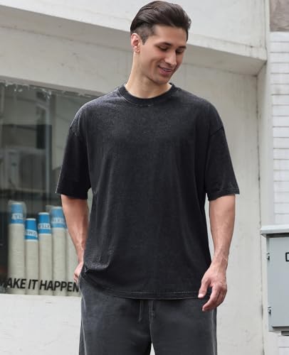 KEEPSHOWING Men's Cotton T-Shirts Oversized Unisex Short Sleeves Casual Loose Wash Solid Basic Tee Tops(A-Purple M) - Image 5
