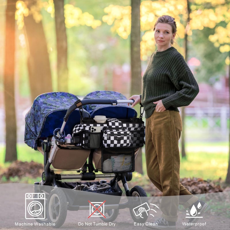 TOPDesign Universal Baby Stroller Organizer, Double Stroller Caddy with Detachable Mesh Bag & Heightened Insulated Cup Holders & Non-Slip Secure Hooks Accessories, Fits Most Strollers (Checkerboard) - Image 2