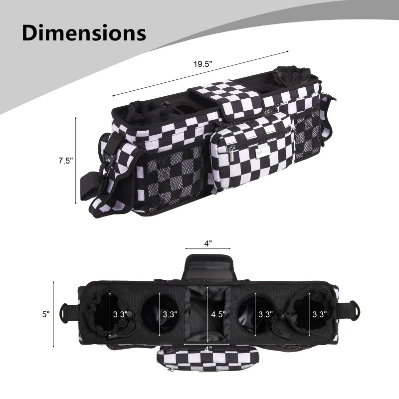 TOPDesign Universal Baby Stroller Organizer, Double Stroller Caddy with Detachable Mesh Bag & Heightened Insulated Cup Holders & Non-Slip Secure Hooks Accessories, Fits Most Strollers (Checkerboard) - Image 3