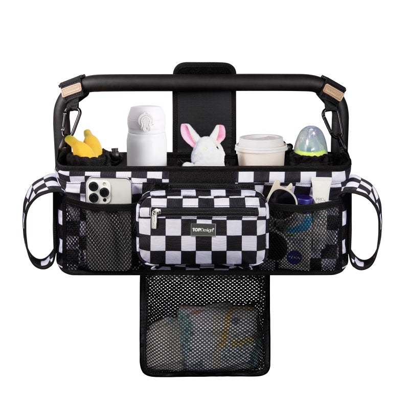 TOPDesign Universal Baby Stroller Organizer, Double Stroller Caddy with Detachable Mesh Bag & Heightened Insulated Cup Holders & Non-Slip Secure Hooks Accessories, Fits Most Strollers (Checkerboard) - Image 1
