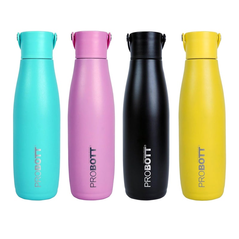 PROBOTT Probott Trendy 700ml Stainless Steel Vacuum Insulated Flask Hot & Cold Bottles | Easy to Carry | Leak Proof |Tea | Coffee | Office| Gym | Travel | Pack of 4 |Aqua Blue+Taffy Pink+Mat Black+Corn Yellow  - Image 1
