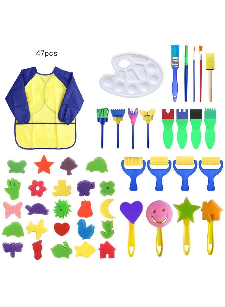 عام طقم رسم إسفنجي مكون من 47 قطعة للأطفال، يشمل فرش إسفنجية للرسم على الجدران ومعطف واقٍ من البقع، مثالي كهدية عيد ميلاد. - Image 1