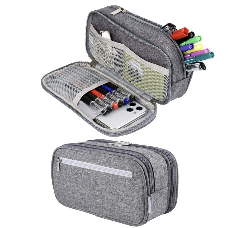 Chelory Large Capacity Pencil Case Big Pencil Bag Pouch High Storage 3 Compartments Pen Marker Holder Cases Office Stationery Organizer Supplies Makeup Bag Men Women Gray