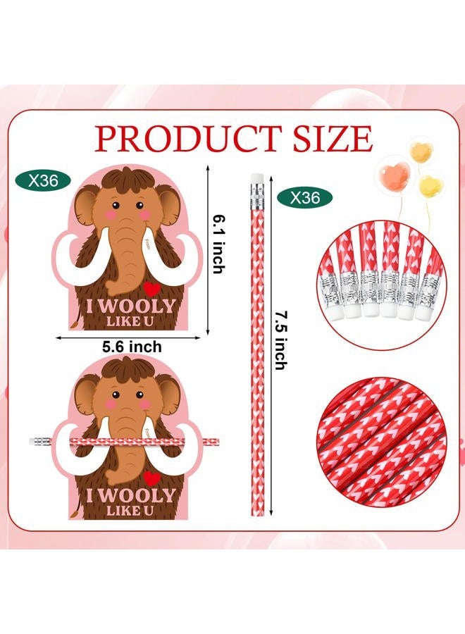 Dunzoom 36 Sets Wooly Mammoth Valentine's Day Exchange Gifts for Kids I Wooly Like You Punny Valentine Cards Valentines Pencils Hugger Heart Pencils with Erasers for Classroom Prize Gifts Party Favors - Image 2