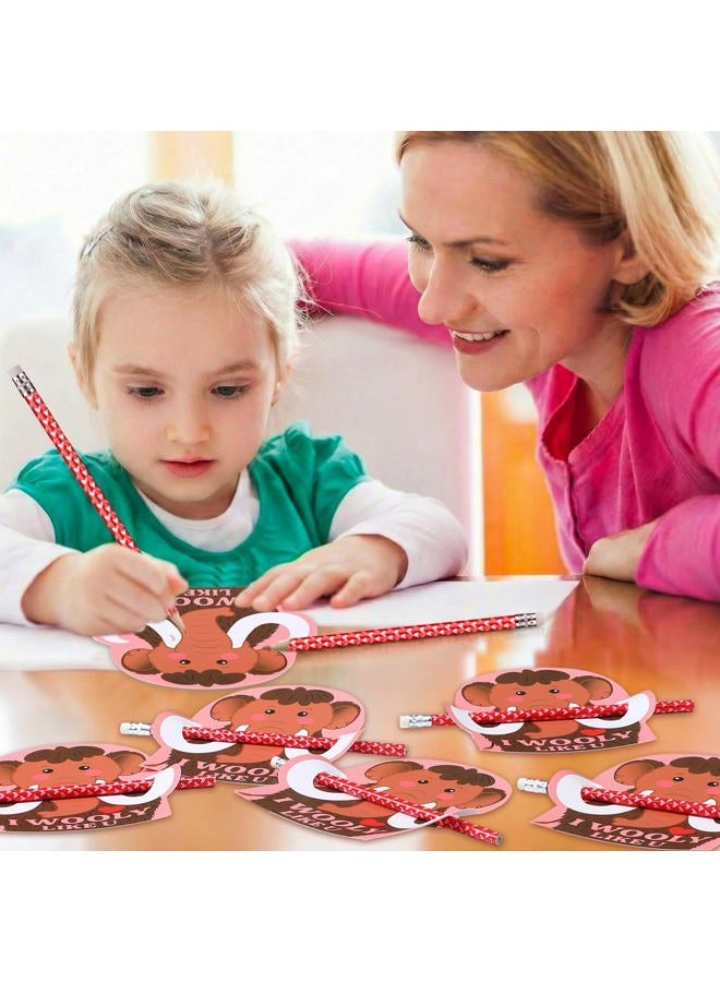 Dunzoom 36 Sets Wooly Mammoth Valentine's Day Exchange Gifts for Kids I Wooly Like You Punny Valentine Cards Valentines Pencils Hugger Heart Pencils with Erasers for Classroom Prize Gifts Party Favors - Image 5
