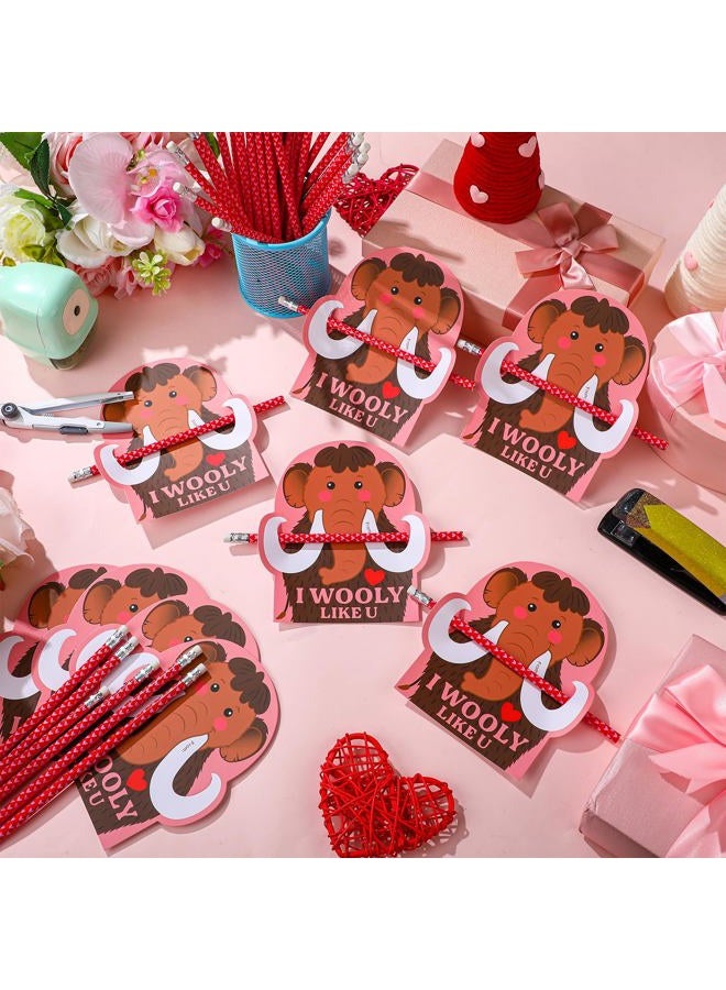 Dunzoom 36 Sets Wooly Mammoth Valentine's Day Exchange Gifts for Kids I Wooly Like You Punny Valentine Cards Valentines Pencils Hugger Heart Pencils with Erasers for Classroom Prize Gifts Party Favors - Image 4