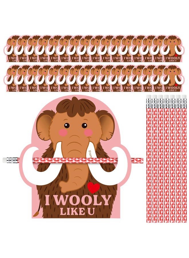 Dunzoom 36 Sets Wooly Mammoth Valentine's Day Exchange Gifts for Kids I Wooly Like You Punny Valentine Cards Valentines Pencils Hugger Heart Pencils with Erasers for Classroom Prize Gifts Party Favors - Image 1
