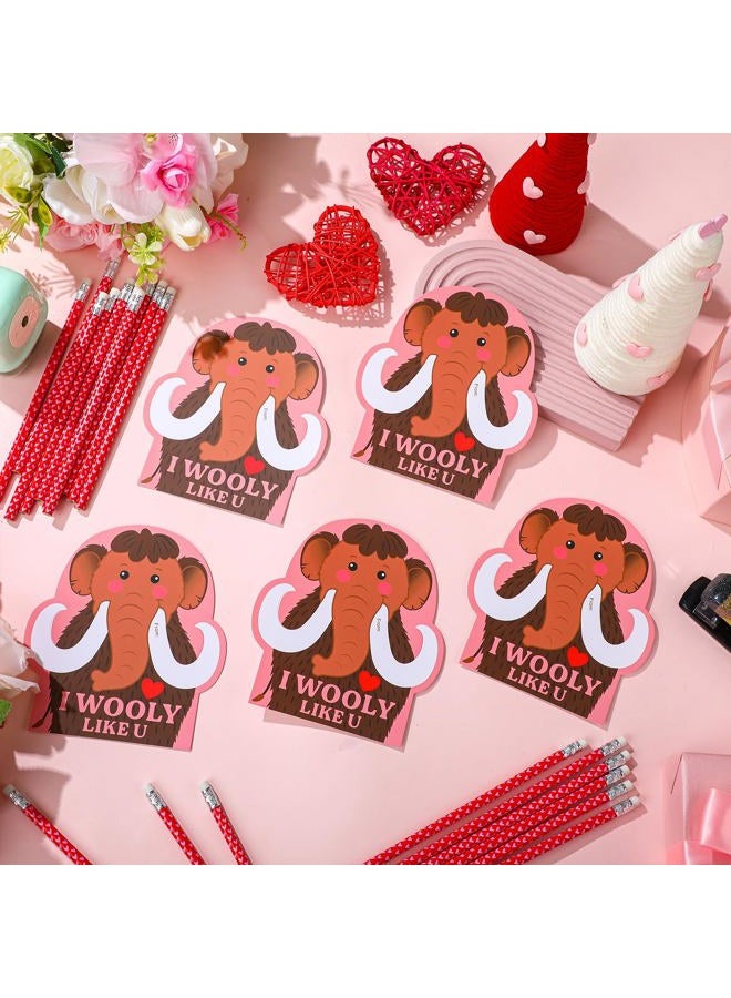 Dunzoom 36 Sets Wooly Mammoth Valentine's Day Exchange Gifts for Kids I Wooly Like You Punny Valentine Cards Valentines Pencils Hugger Heart Pencils with Erasers for Classroom Prize Gifts Party Favors - Image 3