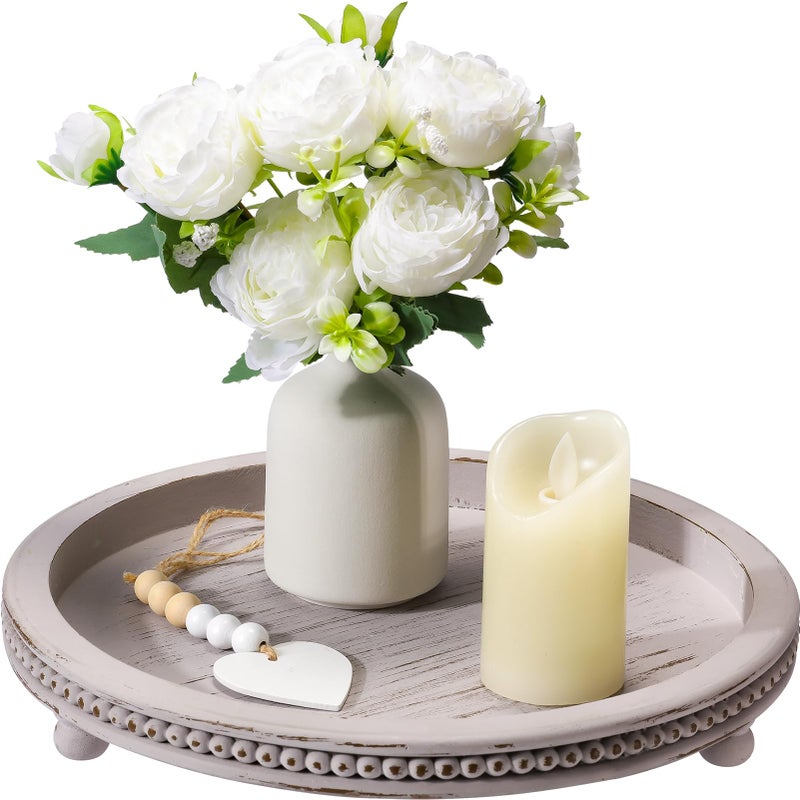 Handmade Wooden Decorative Tray Small Beaded Coffee Table Tray Decor Grey Round Decorative Tray for Coffee Table Dining Room Table Entryway and Living Room Table