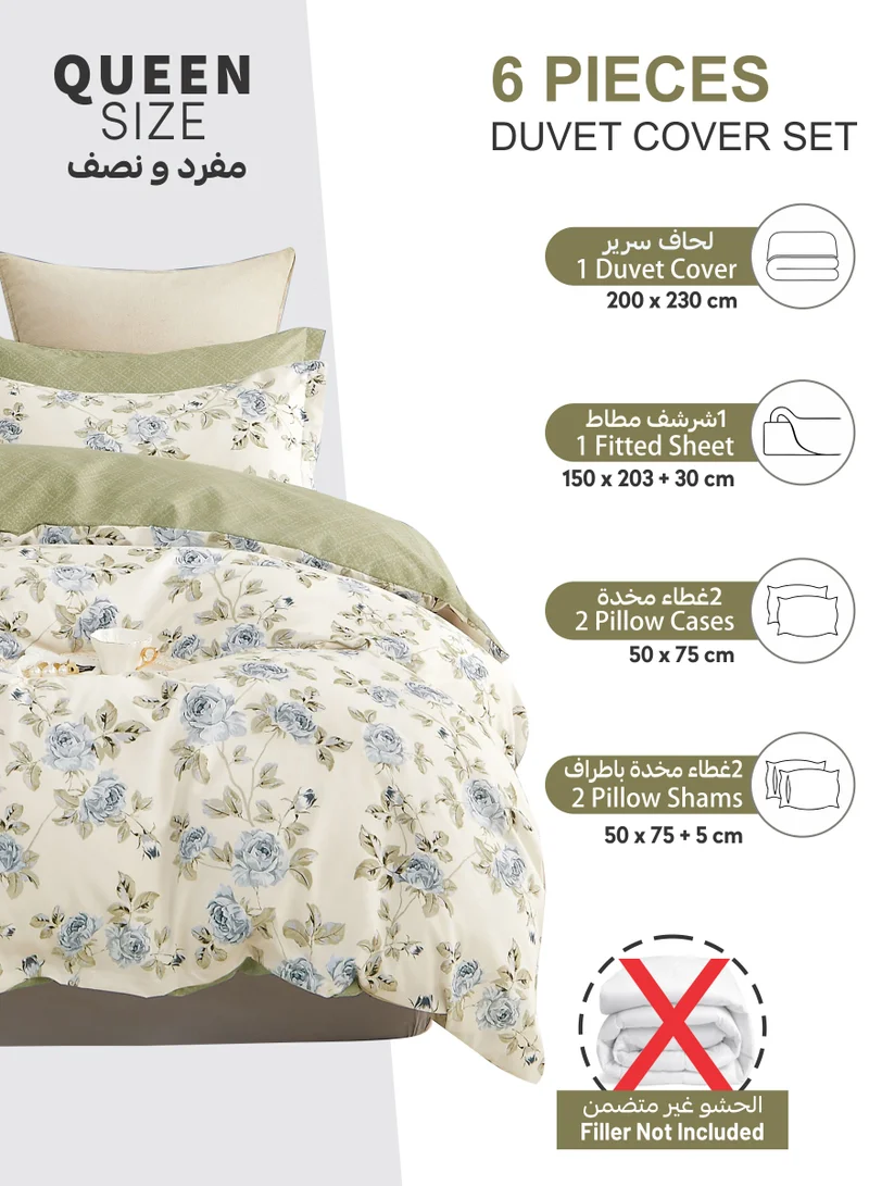 Donetella Printed Duvet Set, Queen Size 200x230 cm - 6-Pcs Bed Set, Microfiber Fabric - 1 Duvet Cover, 1 Fitted Sheet, 2 Pillow Shams, 2 Pillowcases (Filler Not Included)