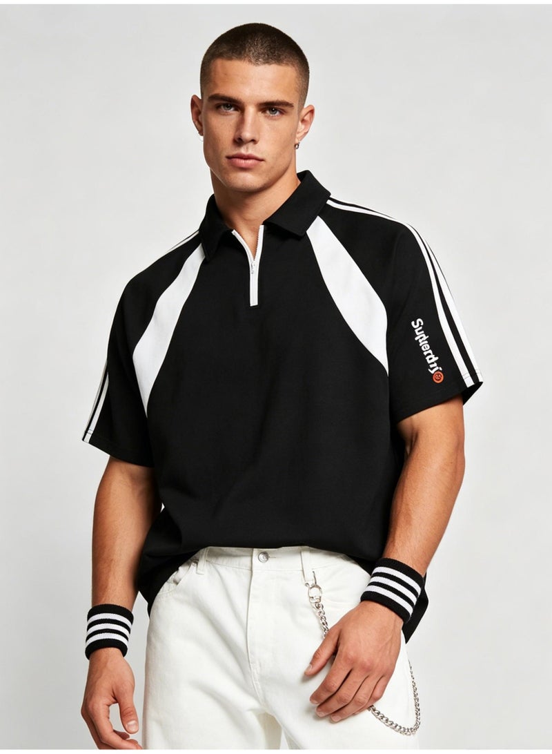 Superdry American contrast half zipper Polo shirt for men and women couples loose sports casual short sleeve shirt. - Image 4