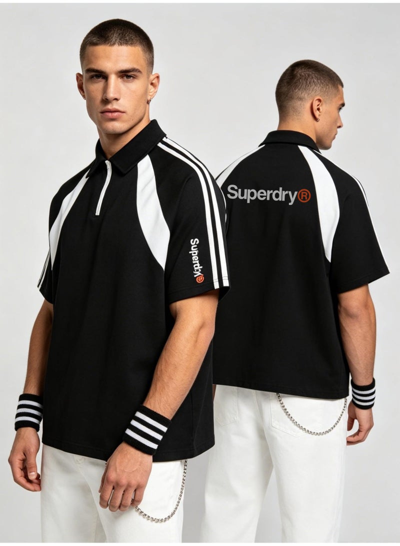 Superdry American contrast half zipper Polo shirt for men and women couples loose sports casual short sleeve shirt. - Image 1