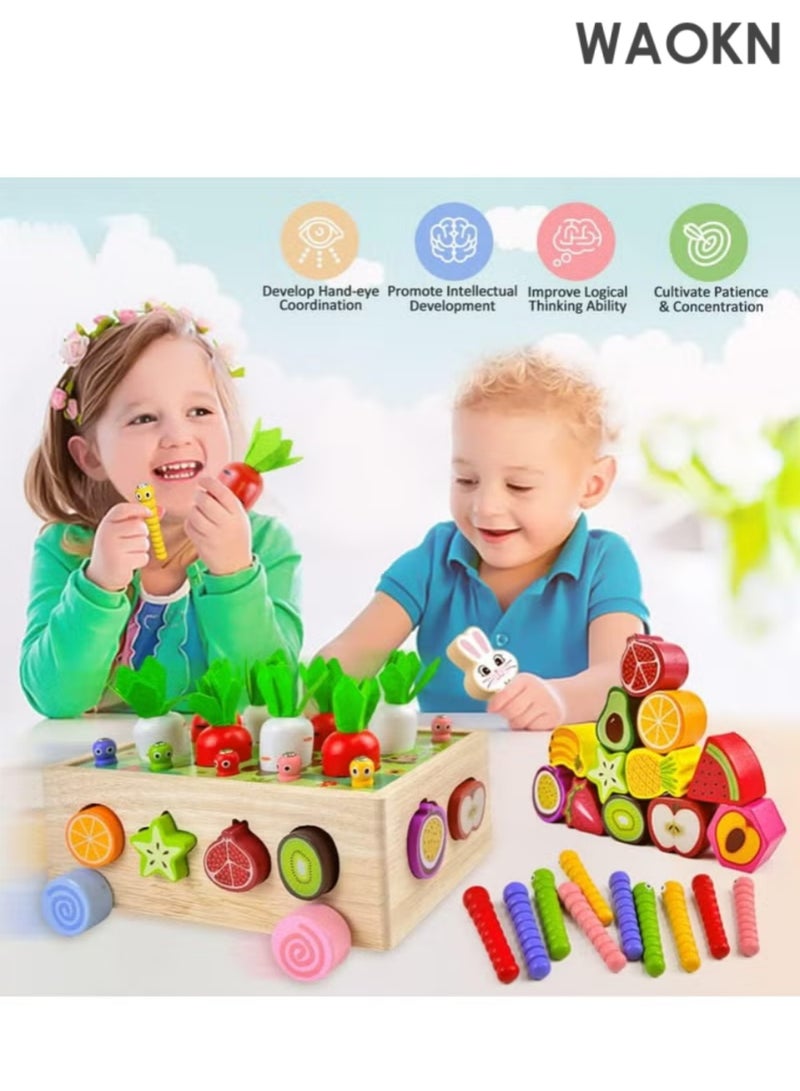 دبليو أيه أو كي أن لعبة حديقة خشبية من مونتيسوري للأطفال من الأولاد والبنات من عمر 1 إلى 3 سنوات، سحب الجزر، فرز الفاكهة، لعبة هدية لتنمية المهارات الحركية الدقيقة، لعبة عربة بستان، لعبة مزرعة للأطفال من عمر 1 إلى 3 سنوات - Image 2
